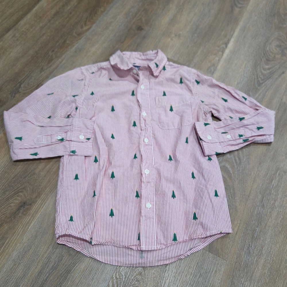 The Childrens Place Boys Red White Striped Christmas Tree Button Down Shirt 7/8